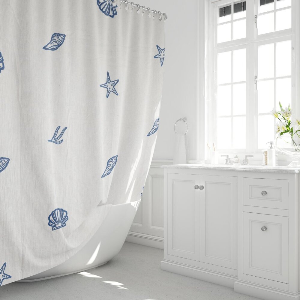 ICONIUM Sea shell printed,Turkish cotton muslin fabric , boho shower curtain for